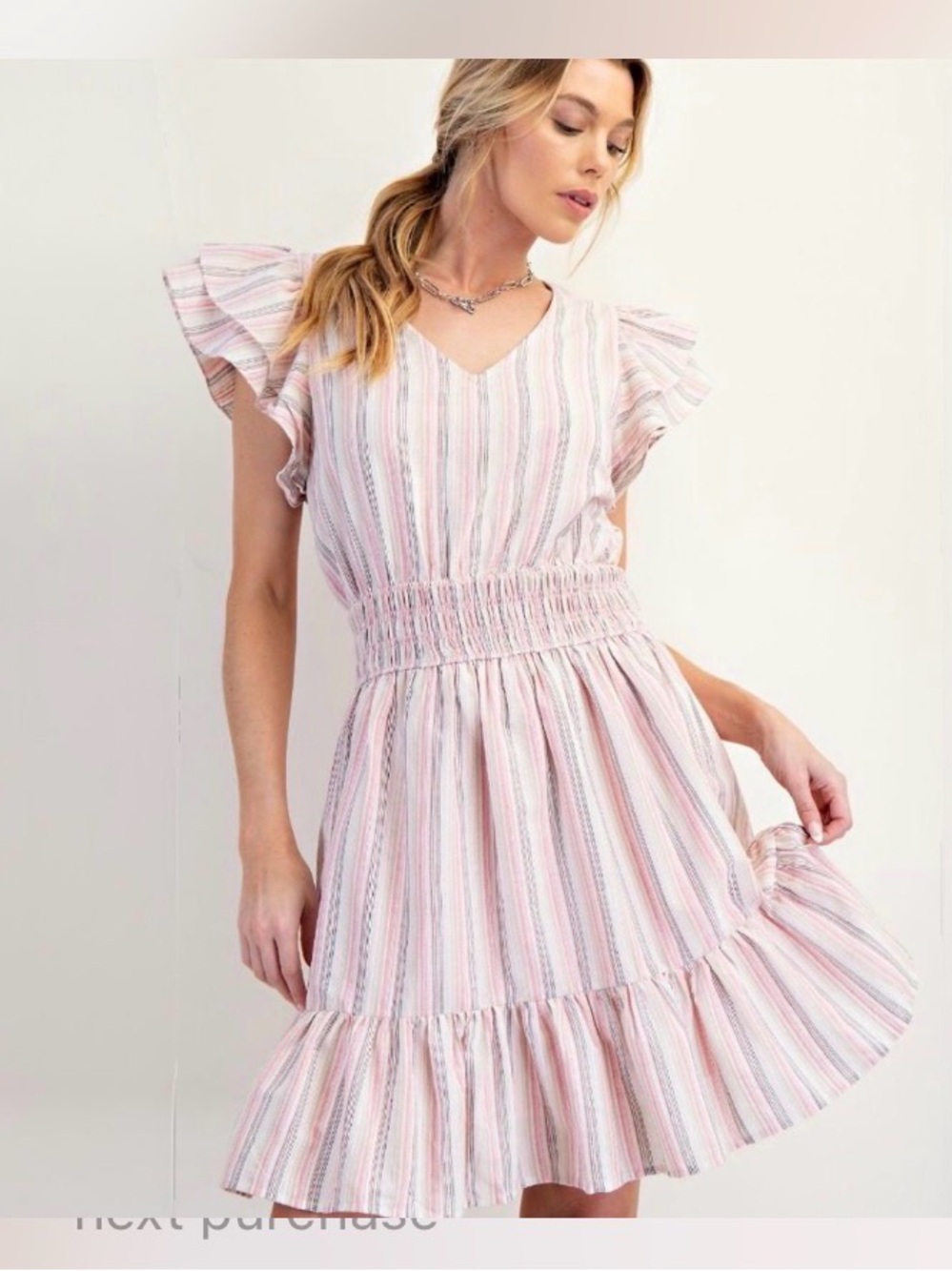 NWT Easel Women’s Pink Striped Smocked Waist Ruffle Dress
